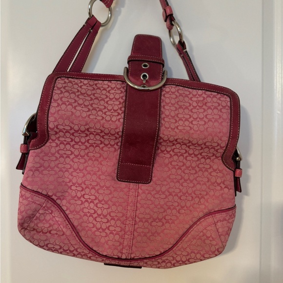 COACH Pink monogram canvas leather shoulder bag purse 12x7x3" suede. - Picture 11 of 15